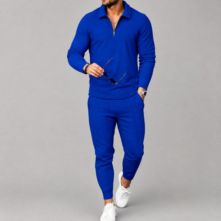 Wayne - Men's Waffle Quarter-Zip Polo Shirt and Tapered Pants Set 4