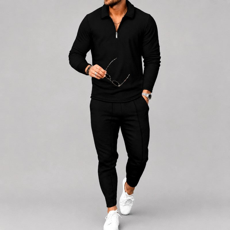 Wayne - Men's Waffle Quarter-Zip Polo Shirt and Tapered Pants Set 5