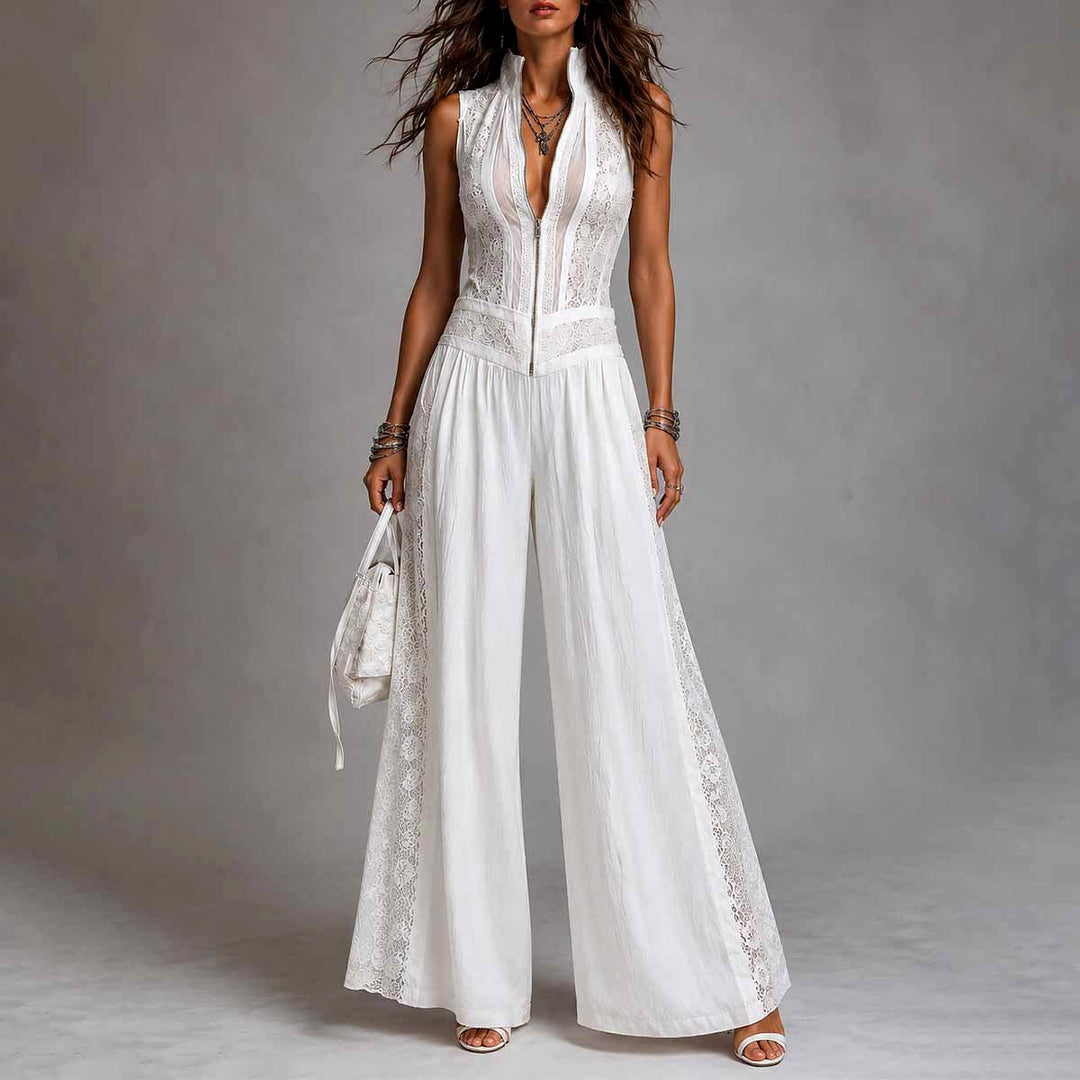 Wendy - Women's Lace Zip Front Wide Leg Jumpsuit 1
