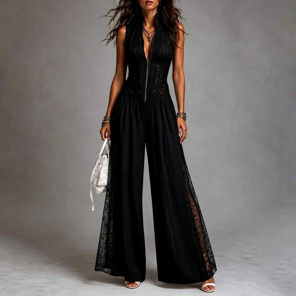 Wendy - Women's Lace Zip Front Wide Leg Jumpsuit 2