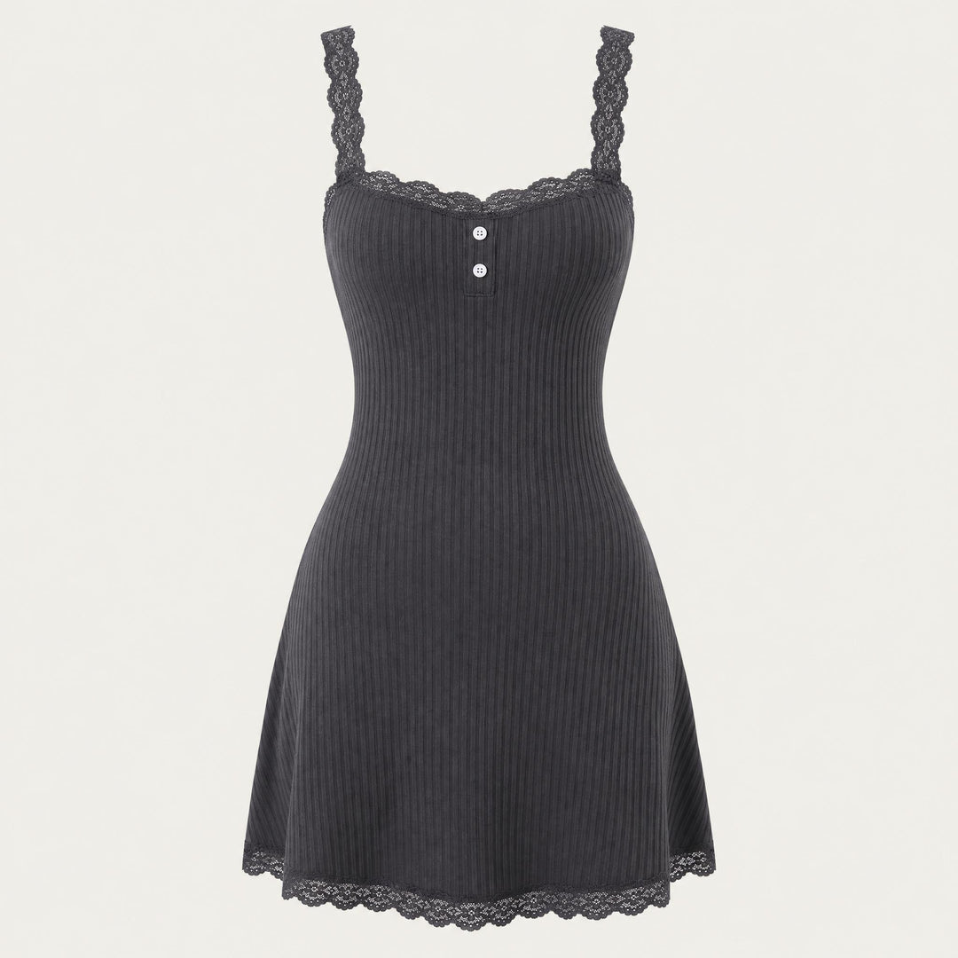 Winona - Women's Lace-Trim Ribbed Chemise Nightdress