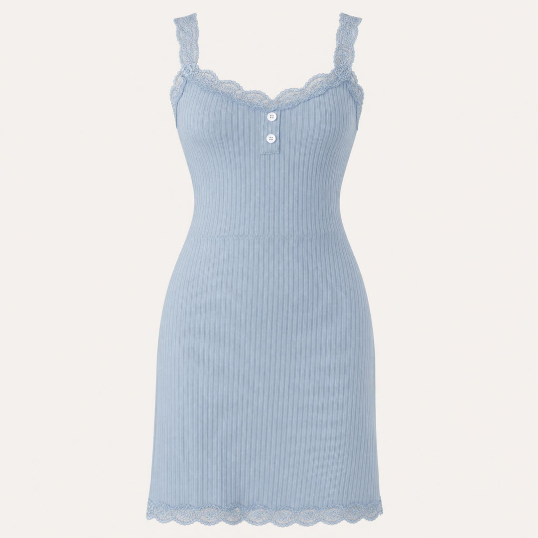 Winona - Women's Lace-Trim Ribbed Chemise Nightdress