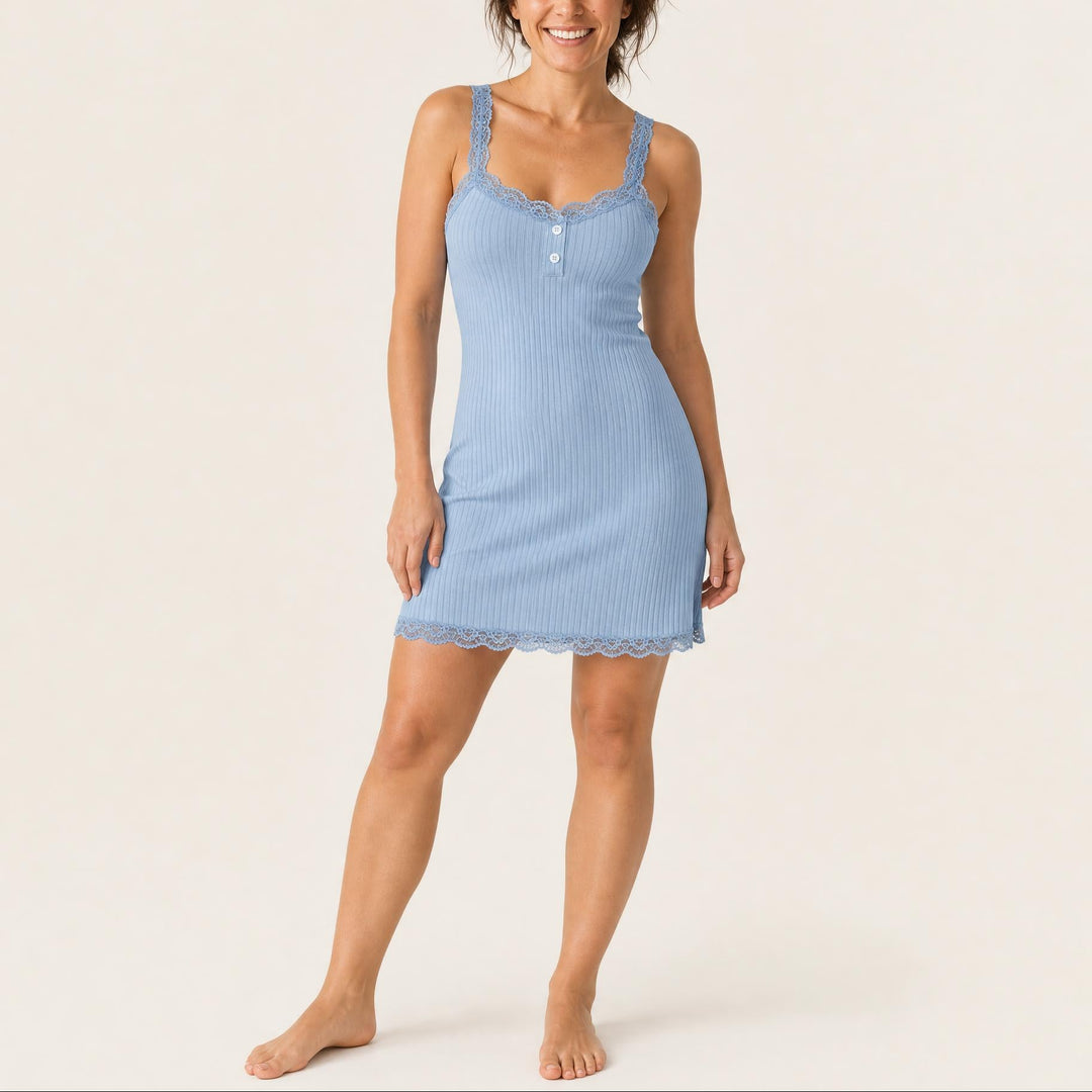 Winona - Women's Lace-Trim Ribbed Chemise Nightdress