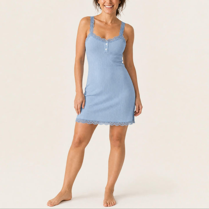 Winona - Women's Lace-Trim Ribbed Chemise Nightdress