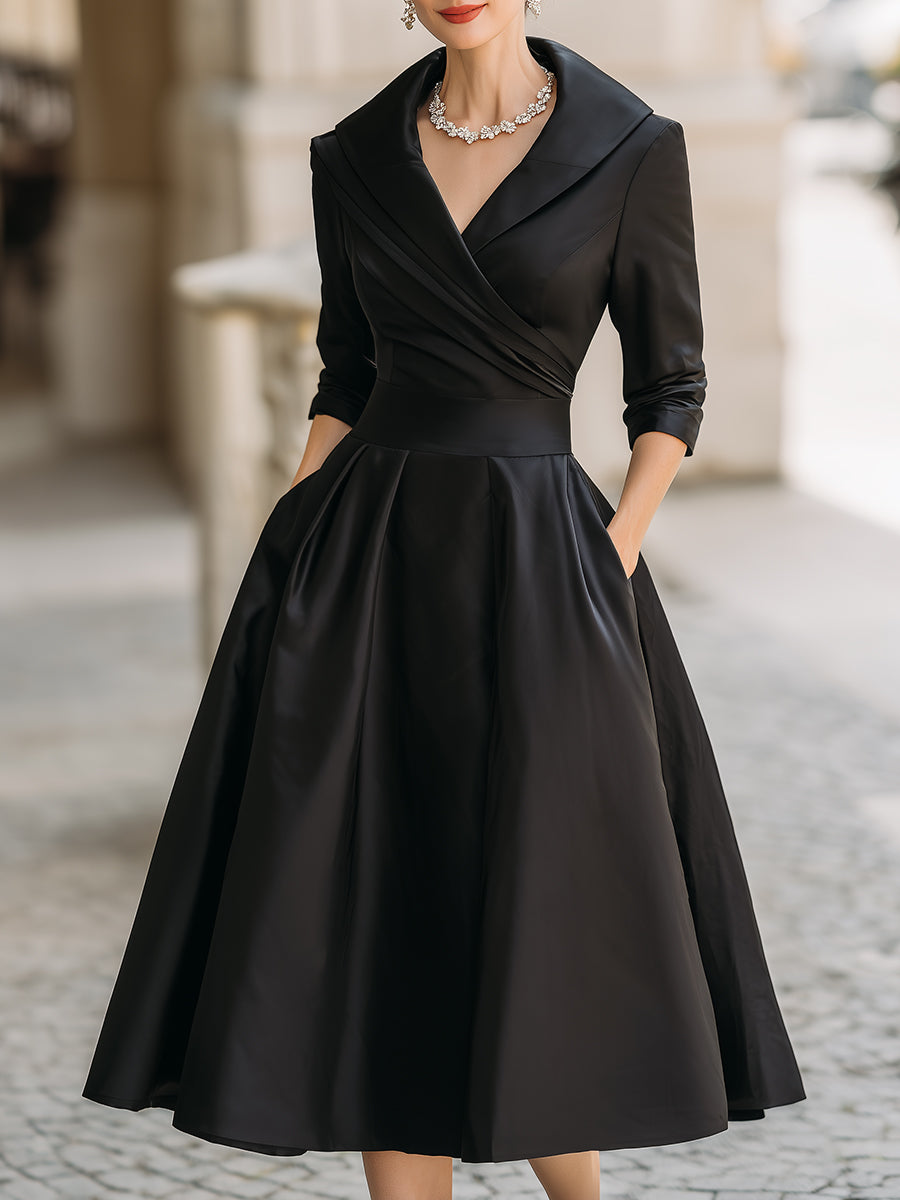 Yasmin - Women's Draped Collar A-Line Midi Dress