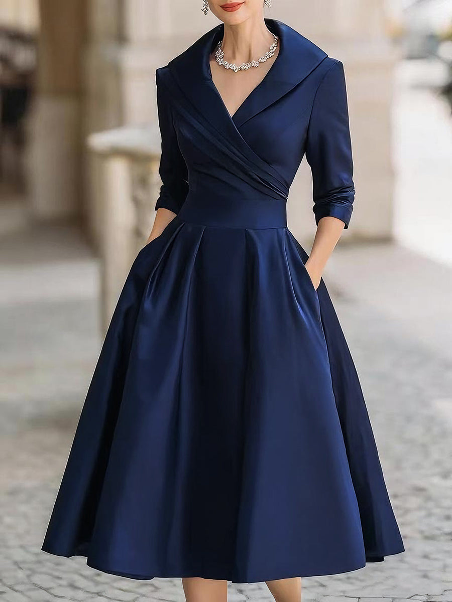 Yasmin - Women's Draped Collar A-Line Midi Dress