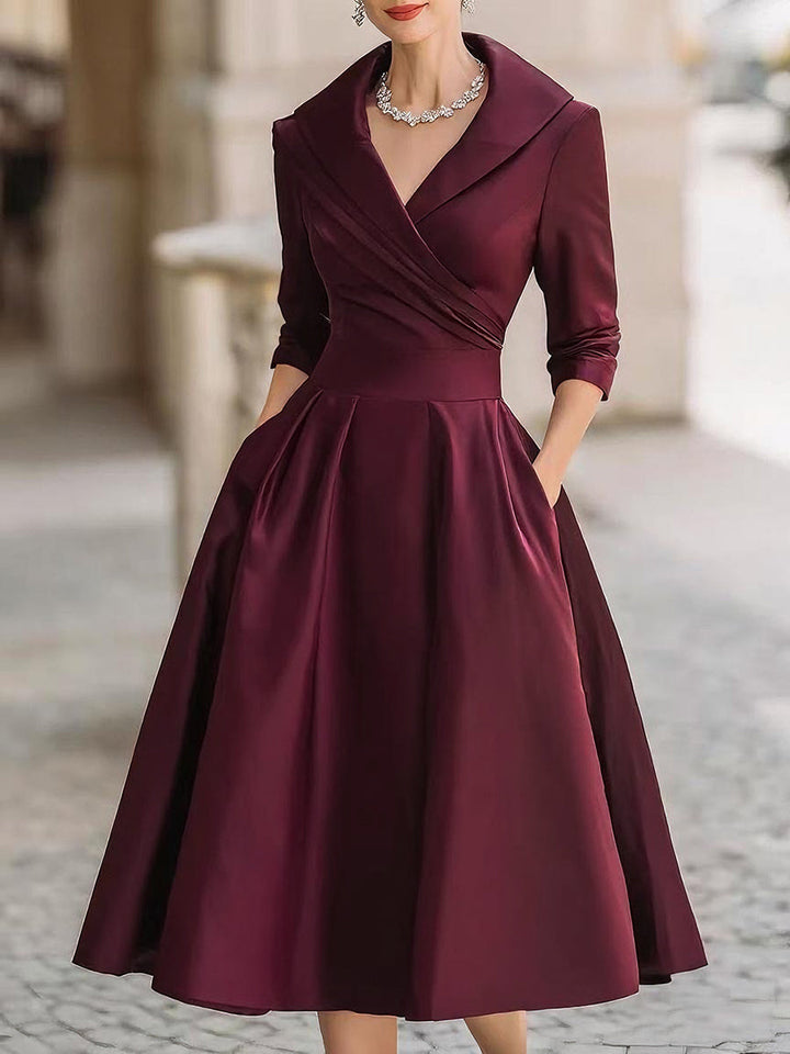 Yasmin - Women's Draped Collar A-Line Midi Dress