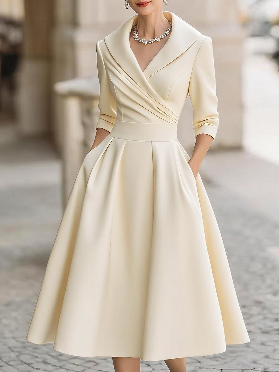 Yasmin - Women's Draped Collar A-Line Midi Dress