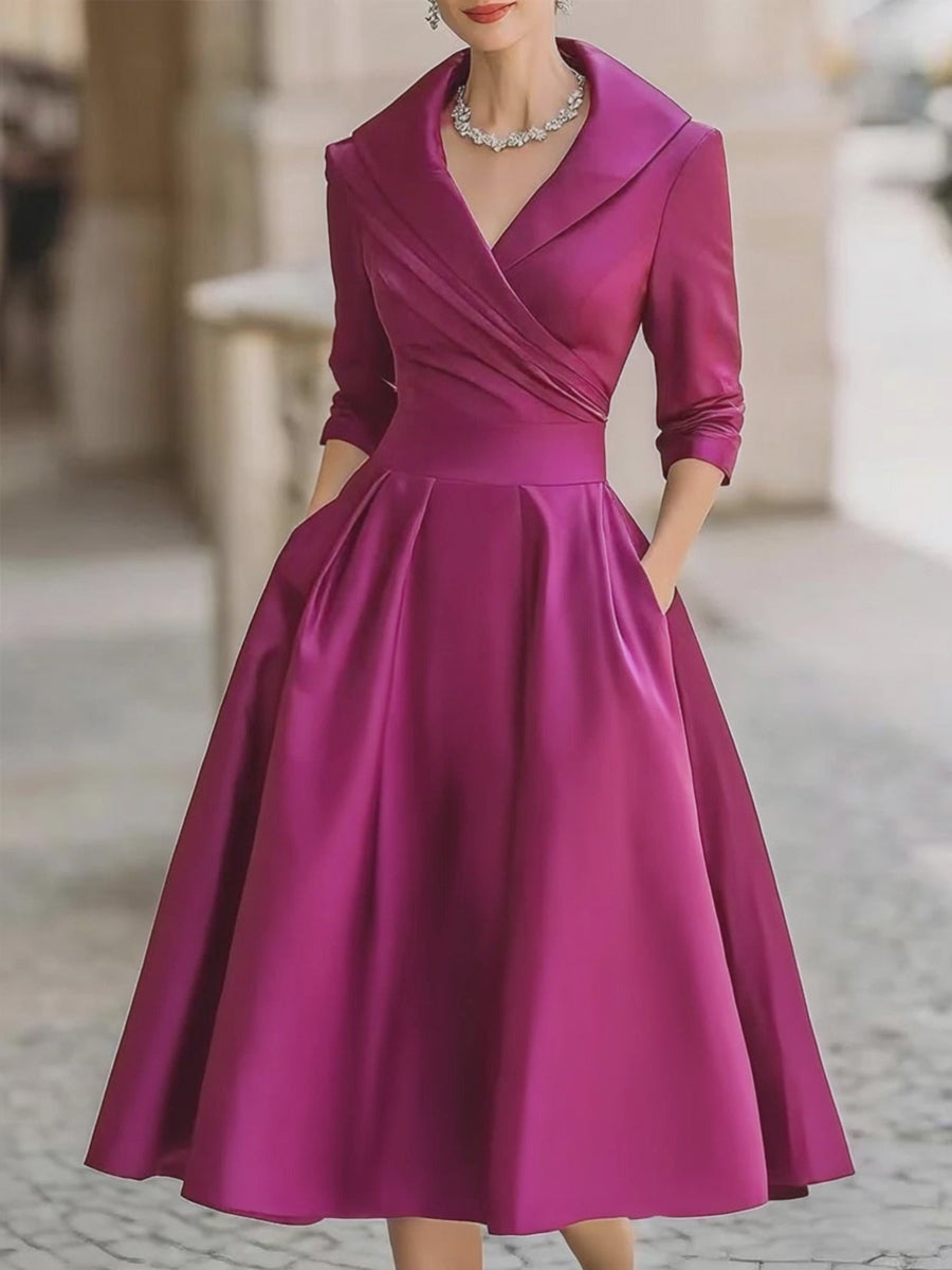 Yasmin - Women's Draped Collar A-Line Midi Dress