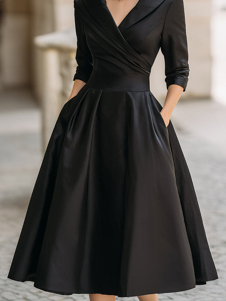Yasmin - Women's Draped Collar A-Line Midi Dress